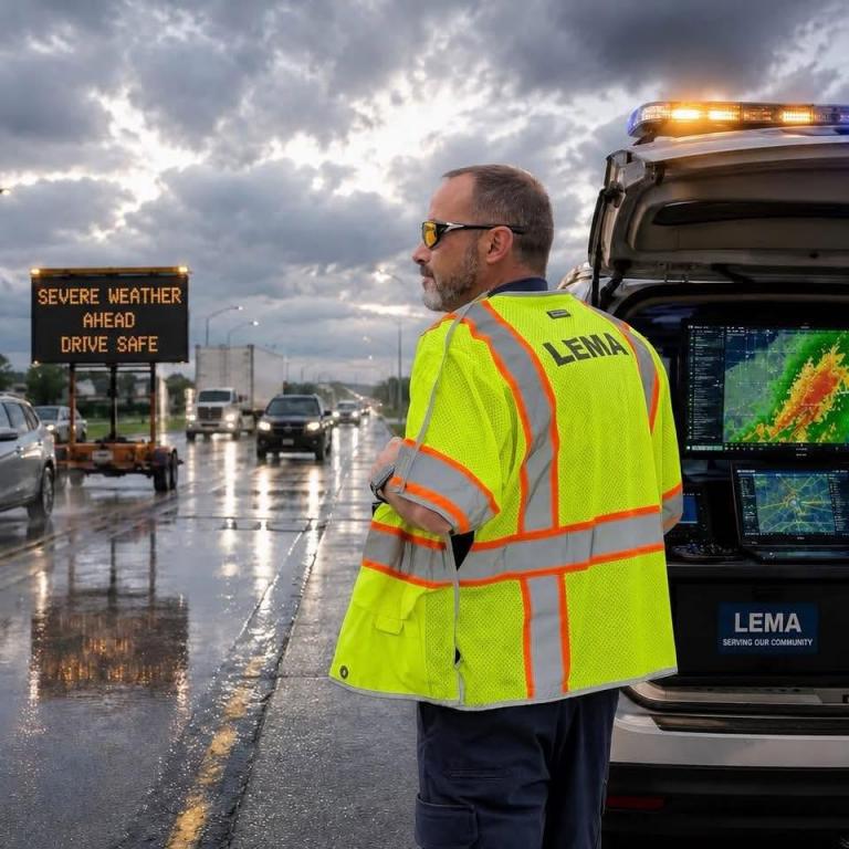 LEMA worker monitoring radar; highway; severe weather warning message board