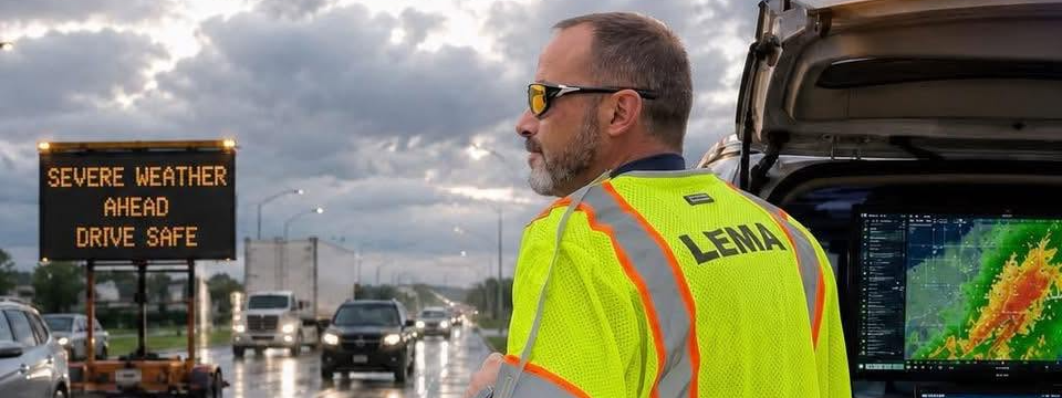 LEMA worker monitoring radar; highway; severe weather warning message board